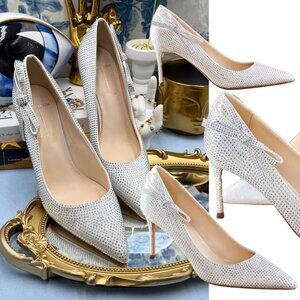 🆕 BLACK SUEDE STUDIO 🧿 NWOB White Satin Ribbon Rhinestone Heels, Sz 37 US 7